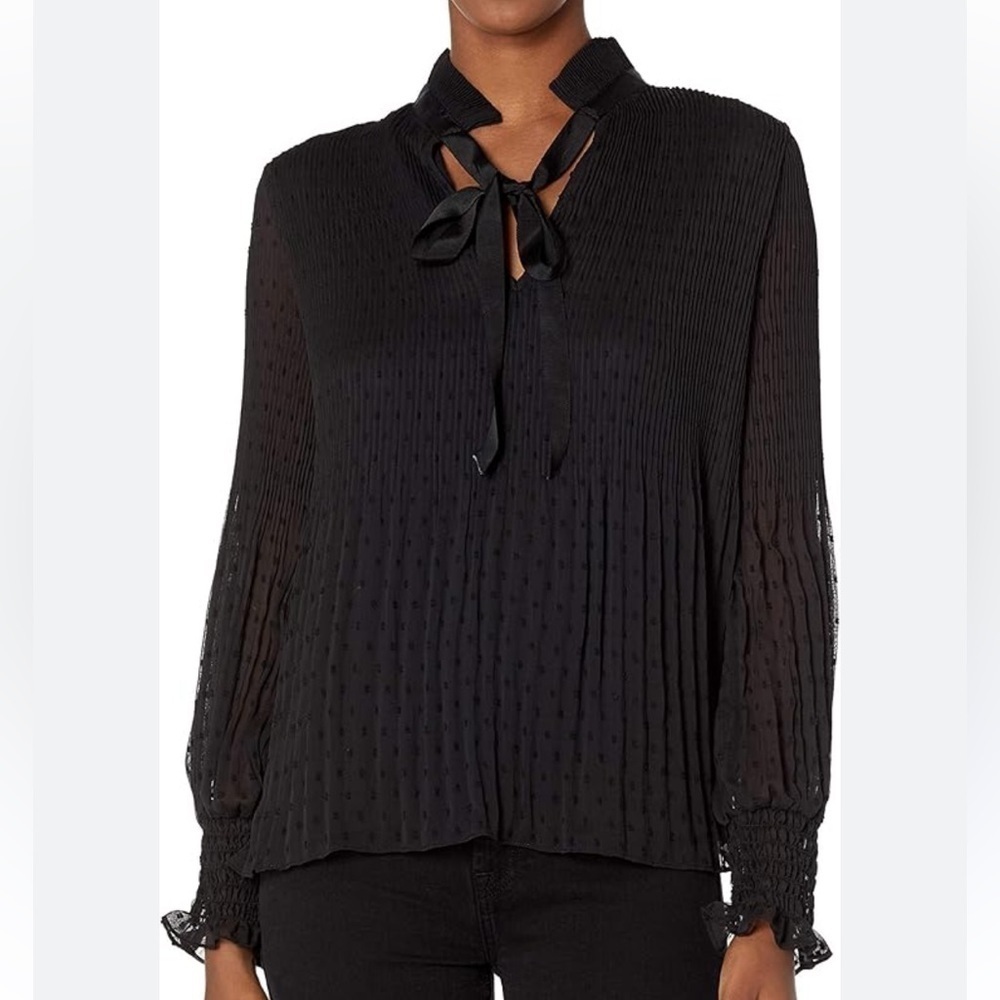 MAX STUDIO BLACK PLEATED SWISS DOT NECKTIE BLOUSE